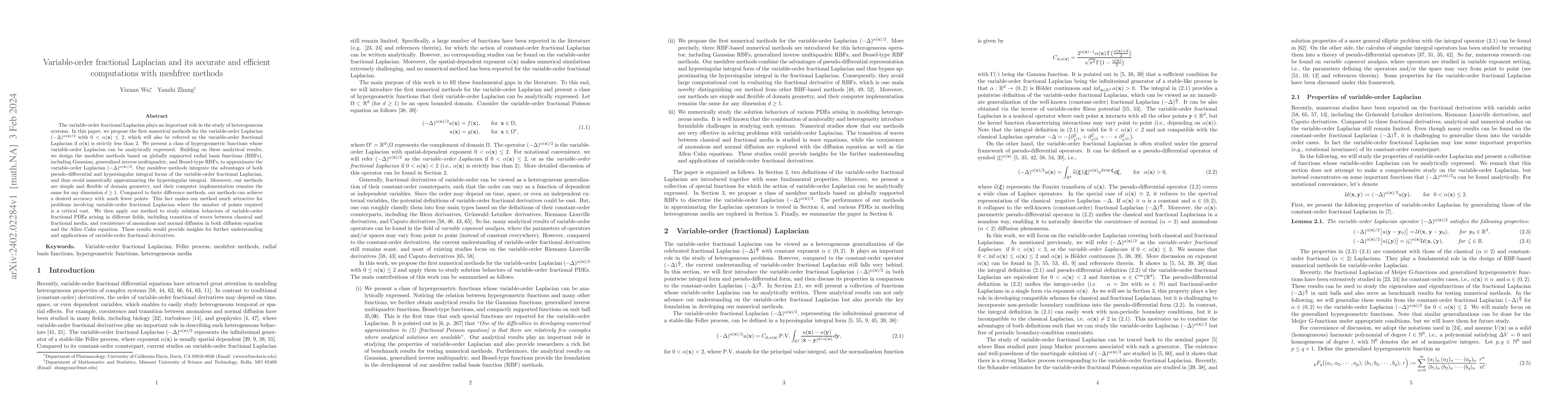 Thumbnail for Variable-order fractional Laplacian and its accurate and efficient
  computations with meshfree methods