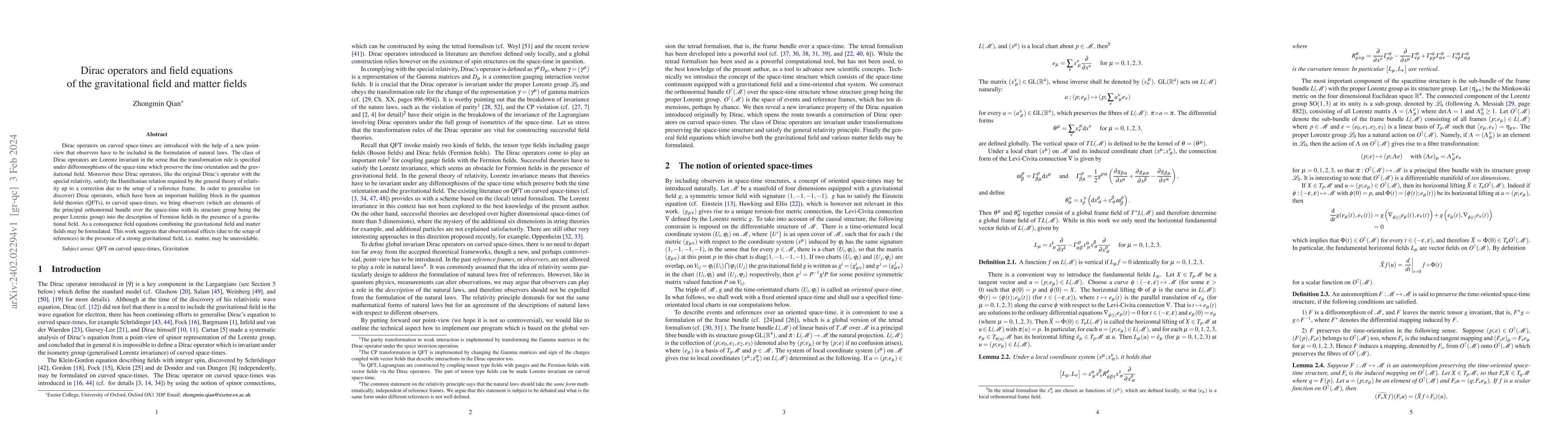 Thumbnail for Dirac operators and field equations of the gravitational field and
  matter fields