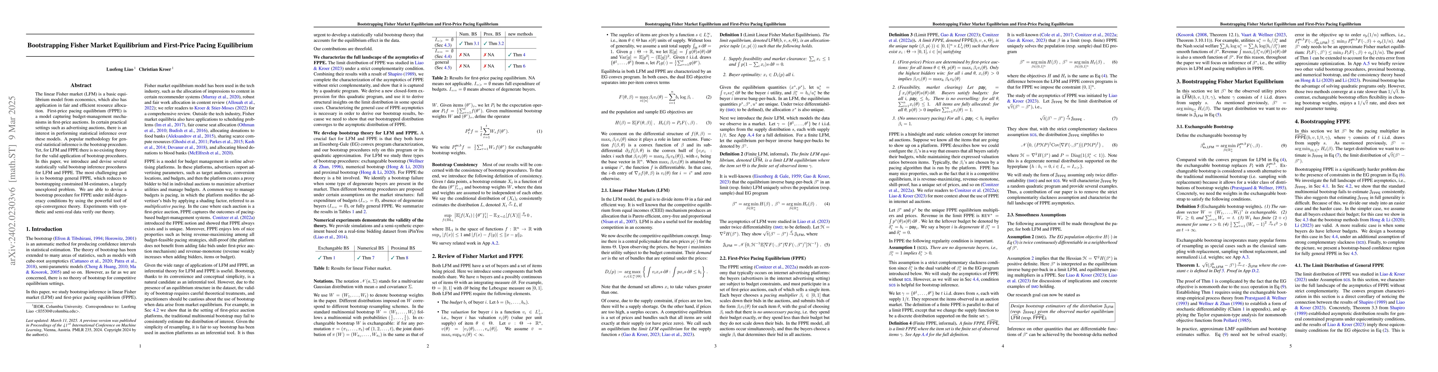 Thumbnail for Bootstrapping Fisher Market Equilibrium and First-Price Pacing
  Equilibrium