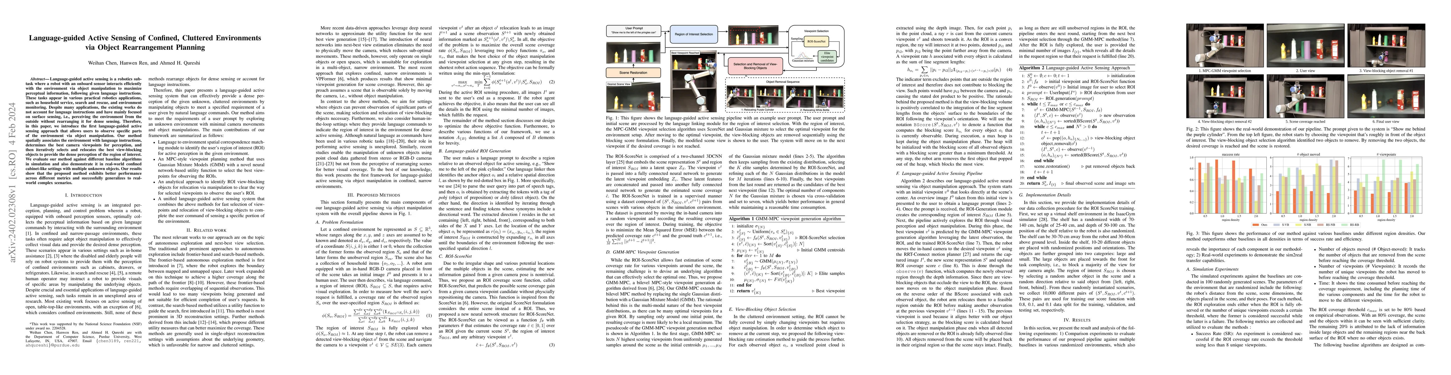 Thumbnail for Language-guided Active Sensing of Confined, Cluttered Environments via
  Object Rearrangement Planning