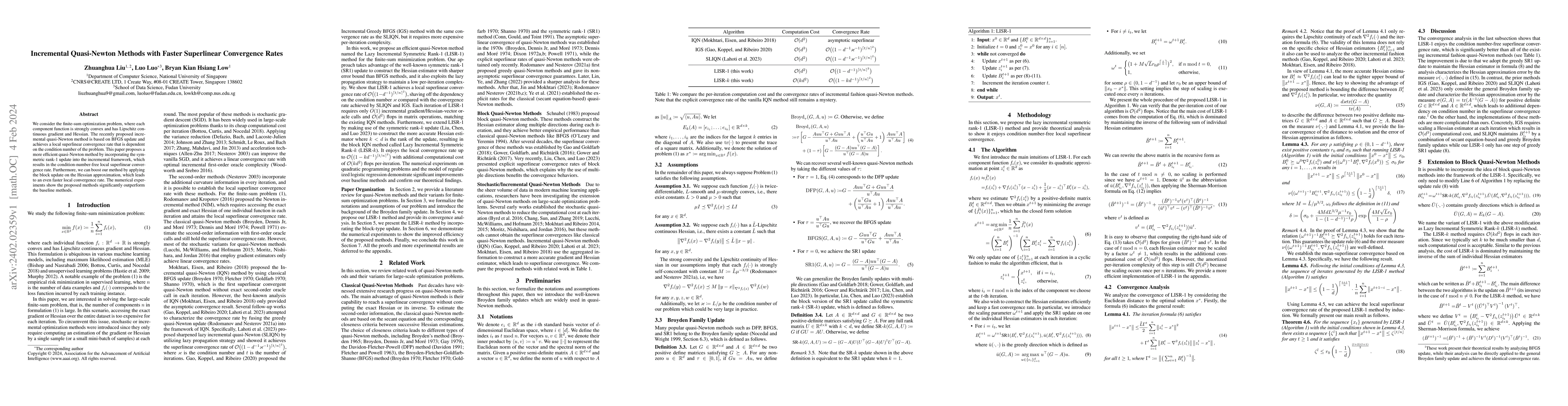 Thumbnail for Incremental Quasi-Newton Methods with Faster Superlinear Convergence
  Rates