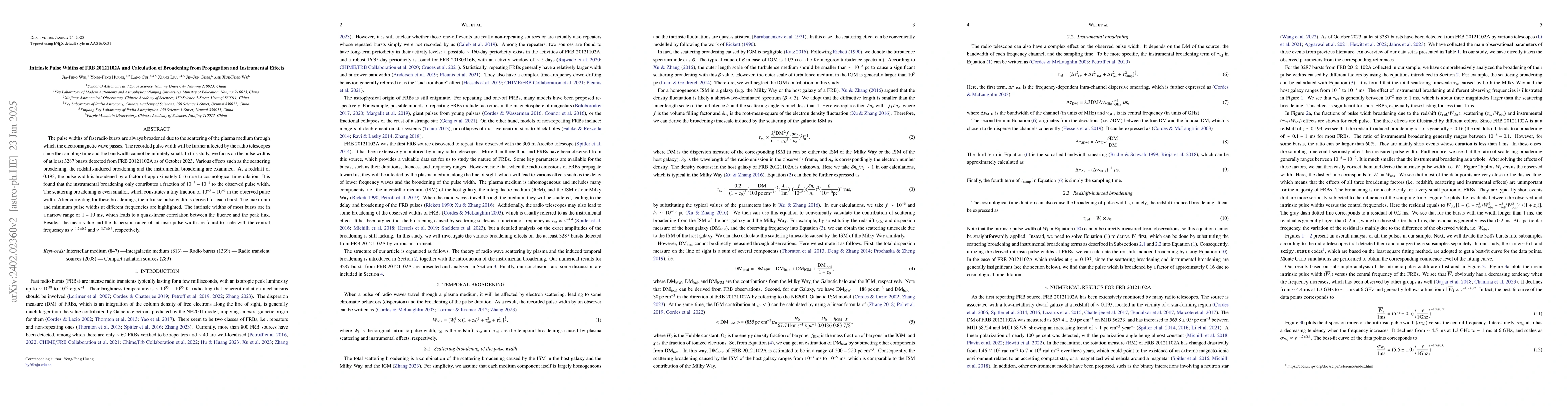 Thumbnail for On the Broadening of the Pulse Width of FRB 20121102A due to Propagation
  and Instrumental Effects