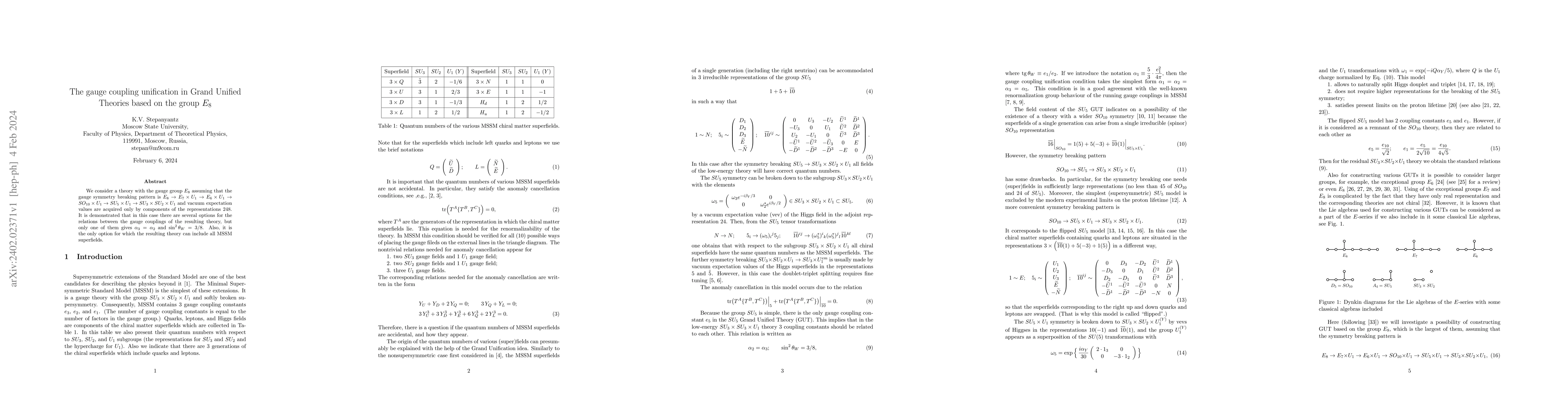 Thumbnail for The gauge coupling unification in Grand Unified Theories based on the
  group $E_8$