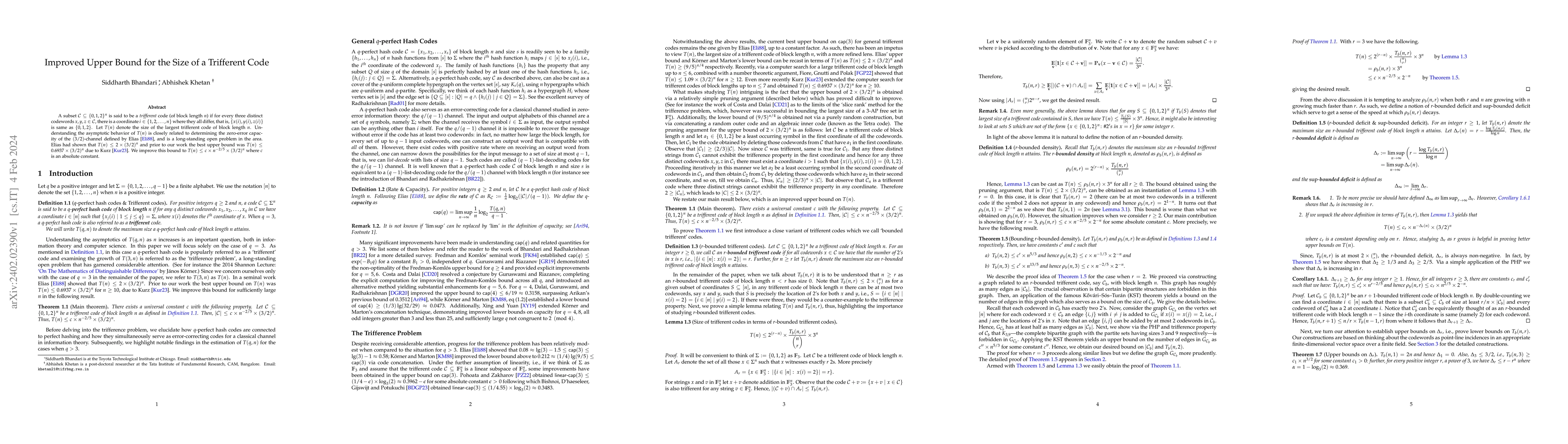 Thumbnail for Improved Upper Bound for the Size of a Trifferent Code