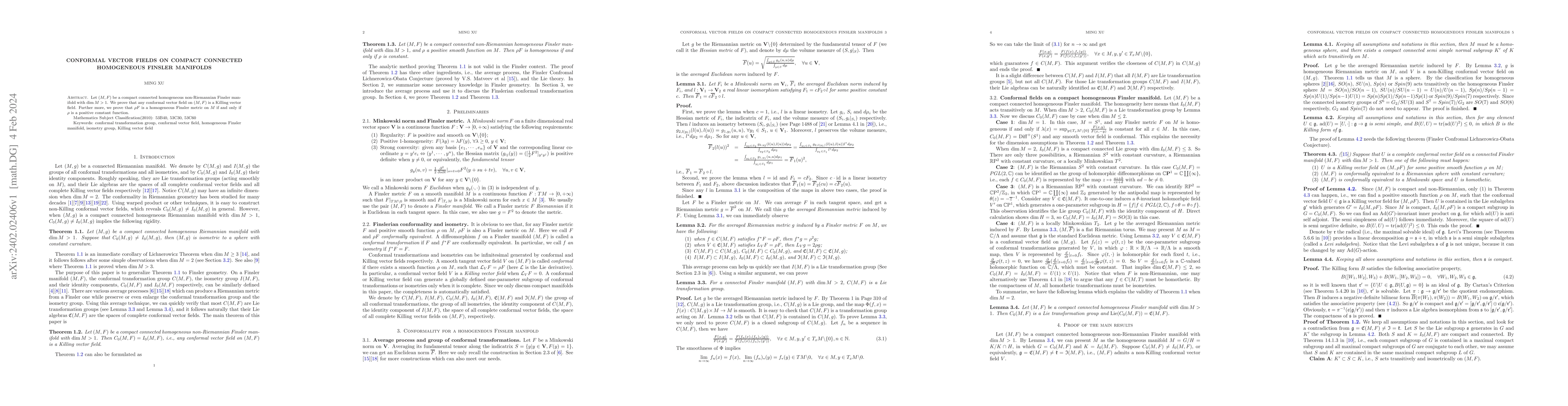 Thumbnail for Conformal vector fields on compact connected homogeneous Finsler
  manifolds