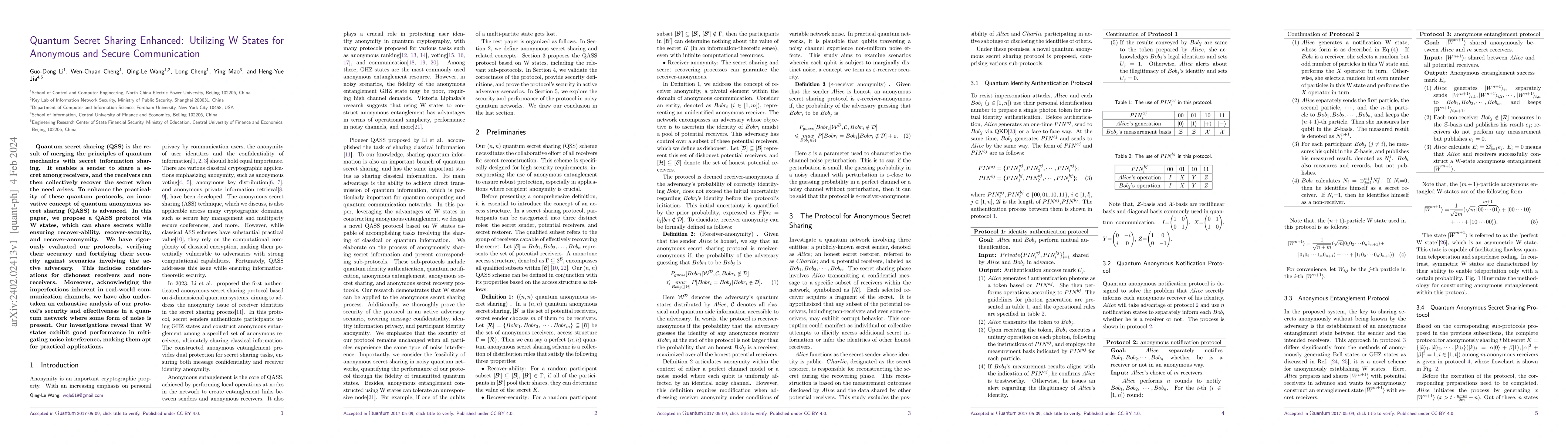 Thumbnail for Quantum Secret Sharing Enhanced: Utilizing W States for Anonymous and
  Secure Communication