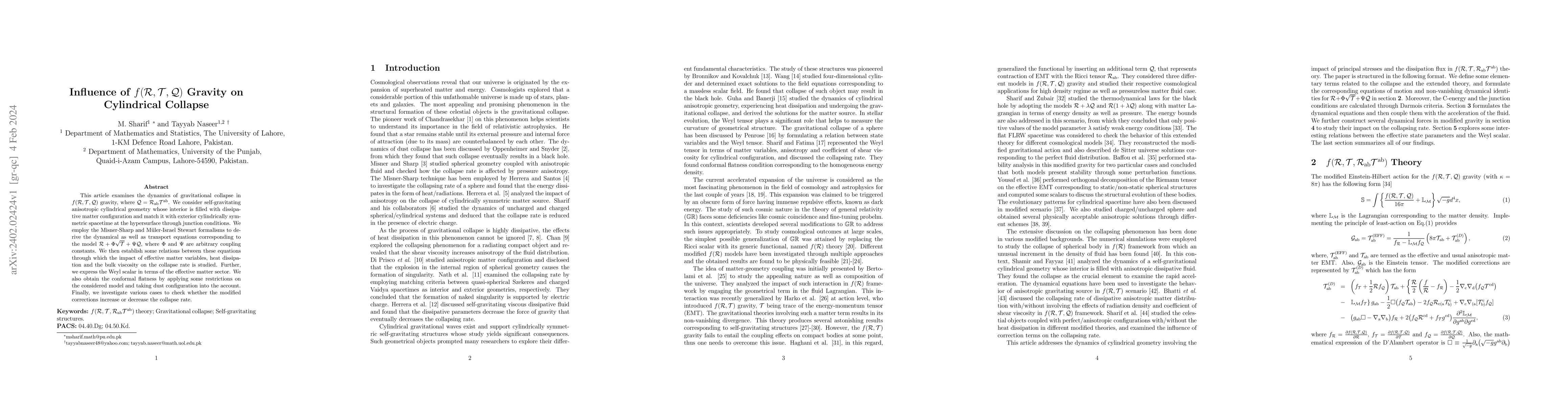 Thumbnail for Influence of $f(\mathcal{R},\mathcal{T},\mathcal{Q})$ Gravity on
  Cylindrical Collapse
