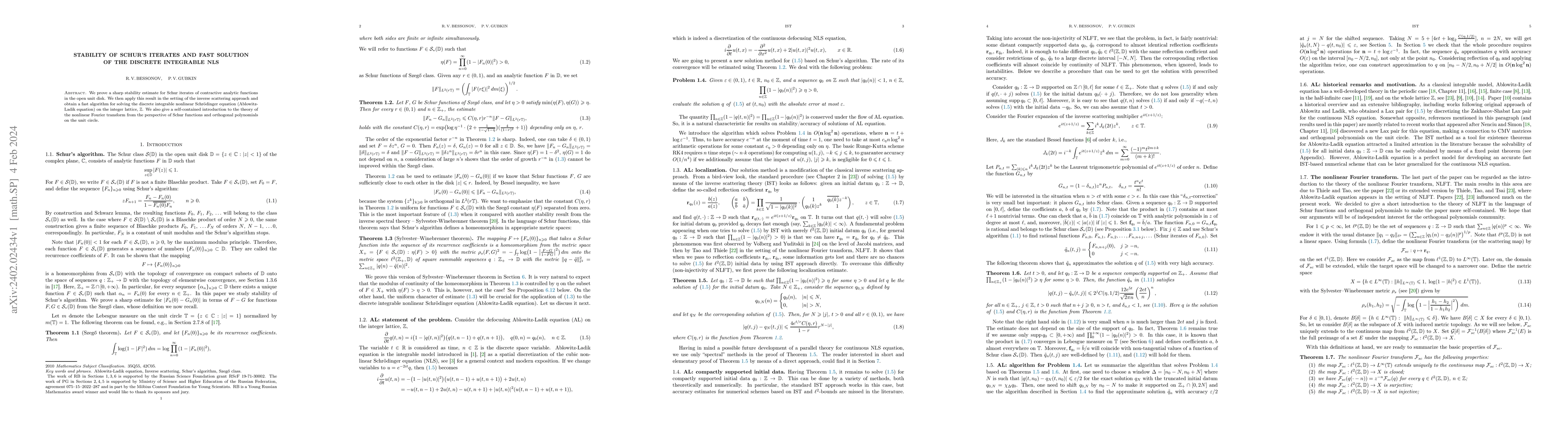 Thumbnail for Stability of Schur's iterates and fast solution of the discrete
  integrable NLS