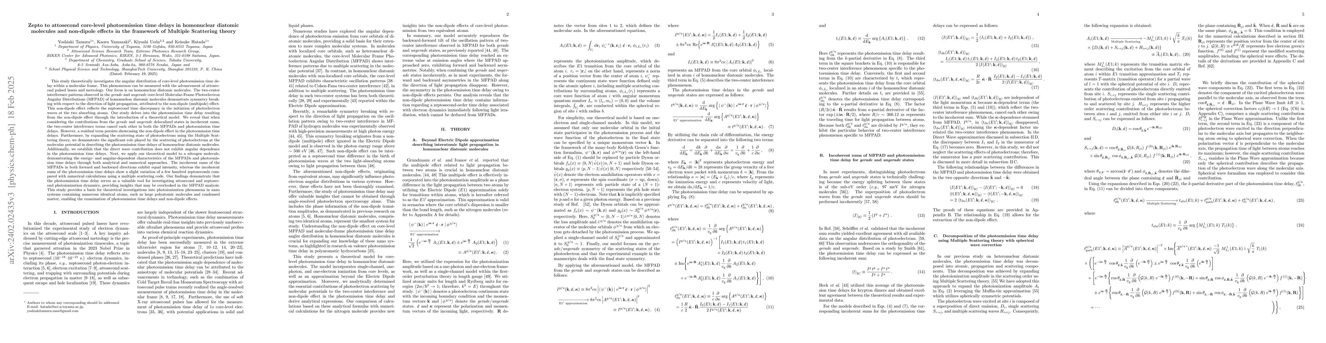 Thumbnail for Zepto to Attosecond core-level photoemission time delays in homonuclear
  diatomic molecules and non-dipole effects in the framework of Multiple
  Scattering theory