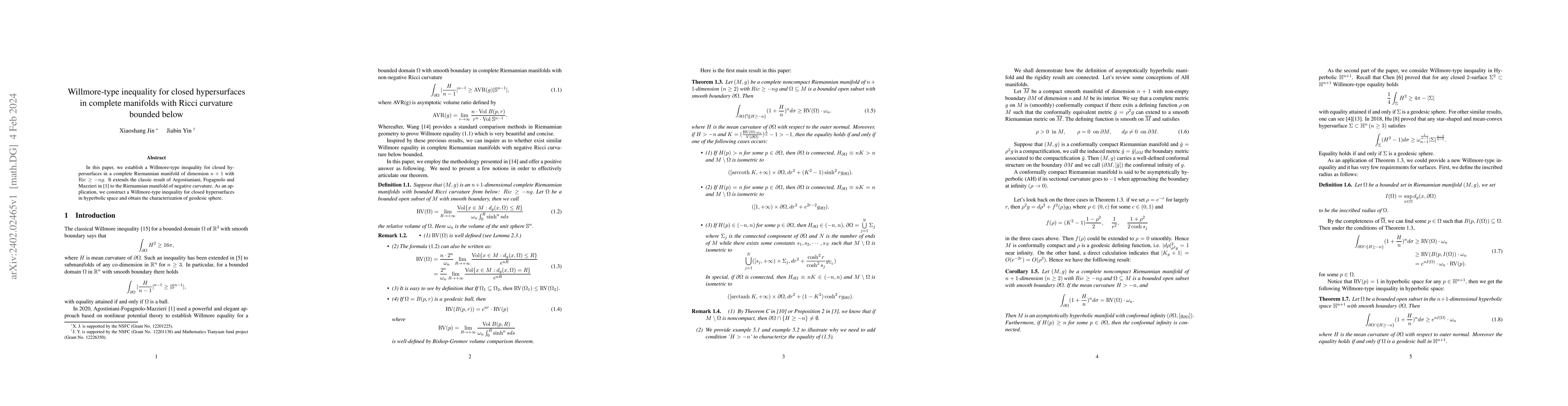 Thumbnail for Willmore-type inequality for closed hypersurfaces in complete manifolds
  with Ricci curvature bounded below
