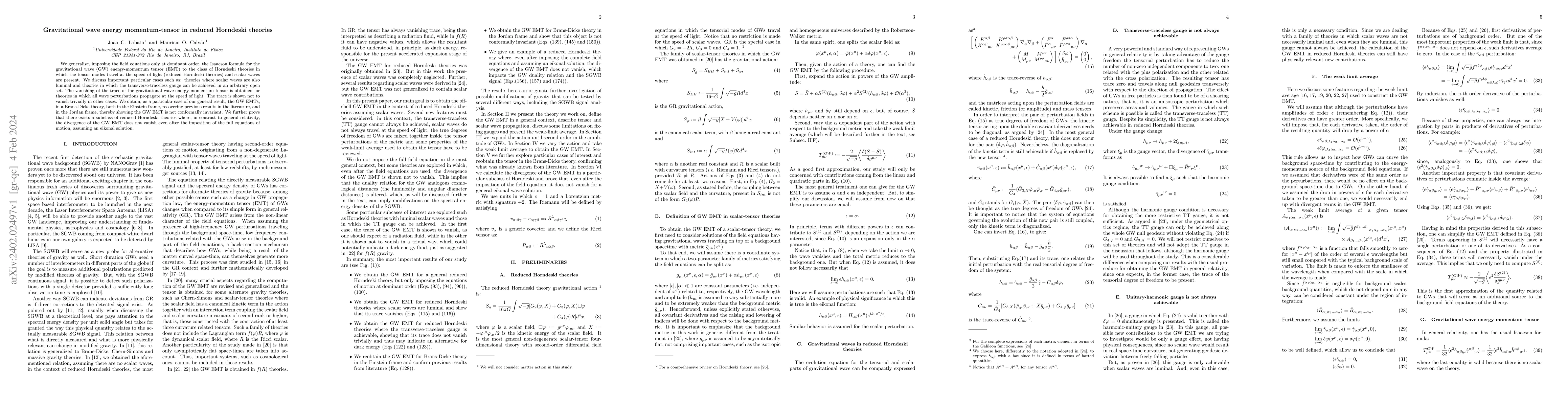 Thumbnail for Gravitational wave energy momentum-tensor in reduced Horndeski theories
