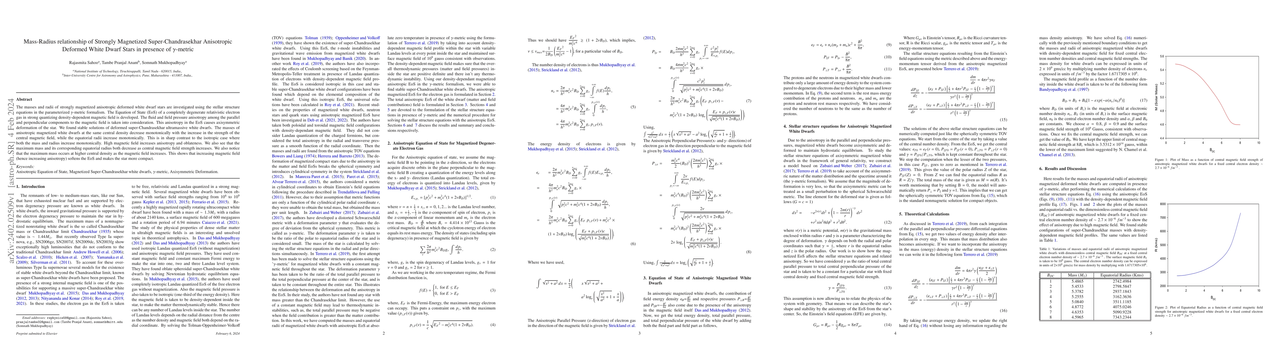 Thumbnail for Mass-Radius relationship of Strongly Magnetized Super-Chandrasekhar
  Anisotropic Deformed White Dwarf Stars in presence of $\gamma$-metric