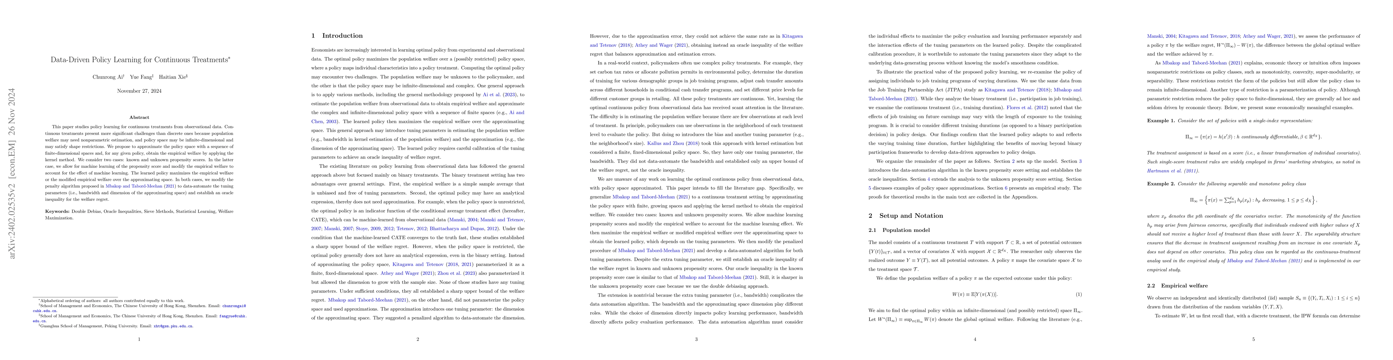 Thumbnail for Data-driven Policy Learning for a Continuous Treatment