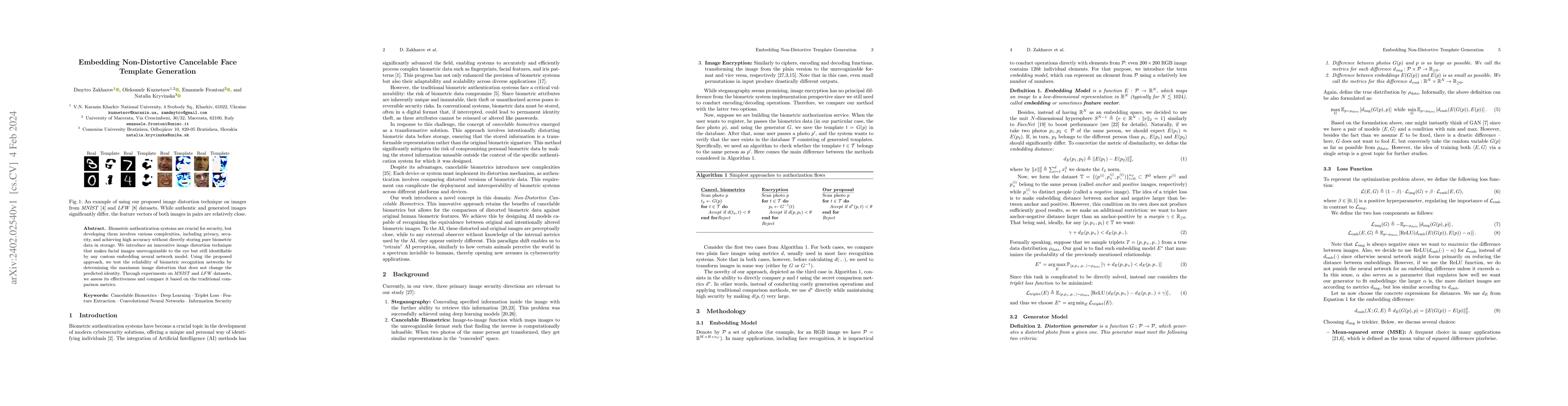 Thumbnail for Embedding Non-Distortive Cancelable Face Template Generation