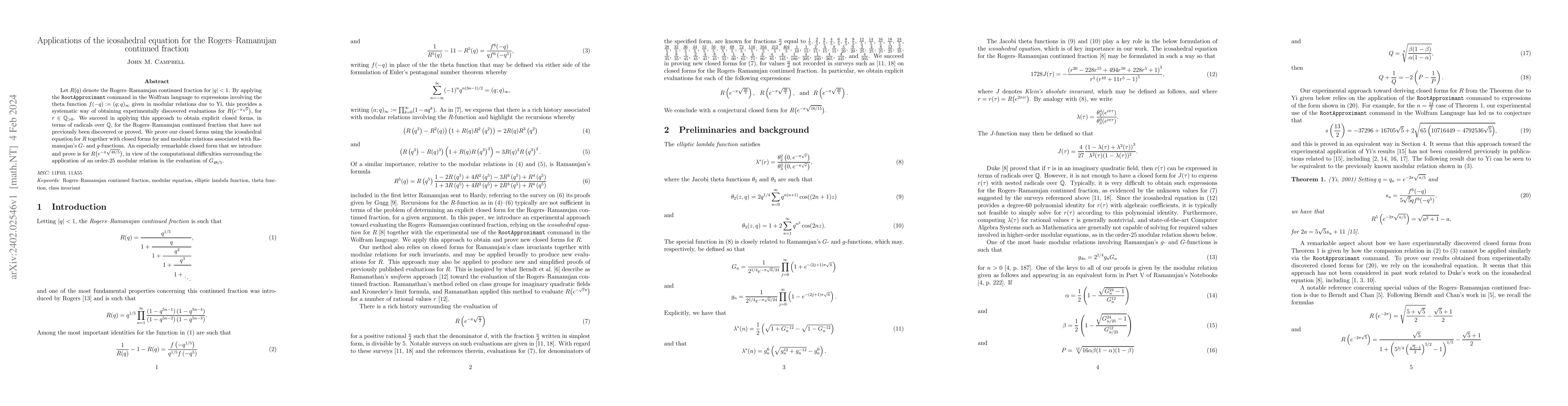 Thumbnail for Applications of the icosahedral equation for the Rogers-Ramanujan
  continued fraction