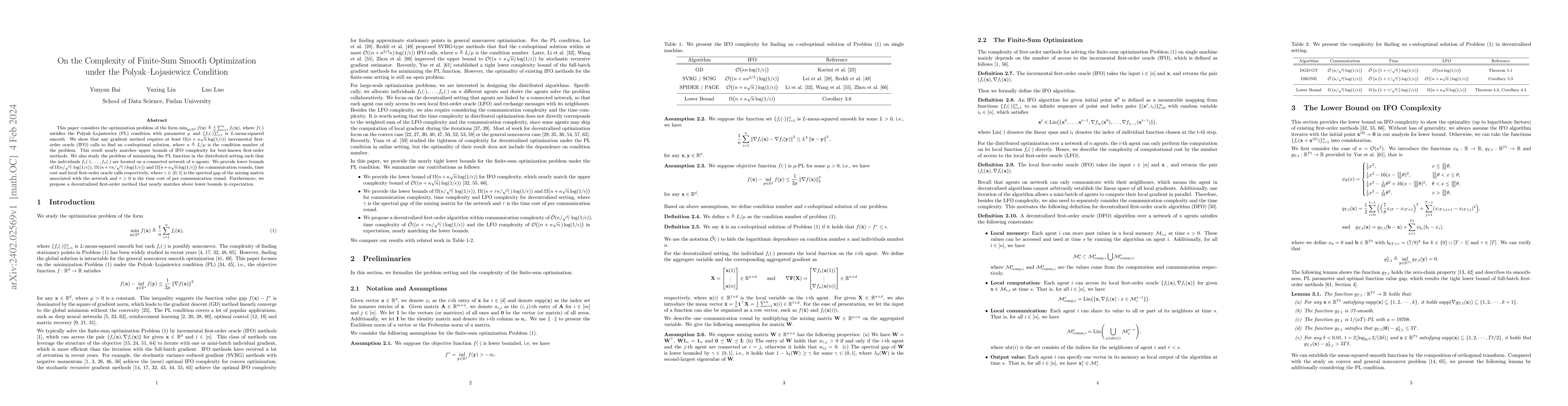 Thumbnail for On the Complexity of Finite-Sum Smooth Optimization under the
  Polyak-{\L}ojasiewicz Condition