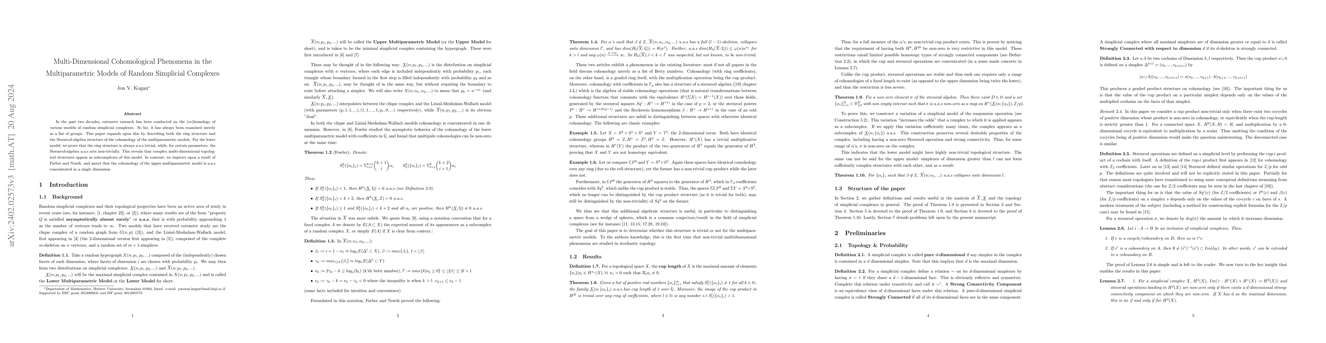 Thumbnail for Multi-Dimensional Cohomological Phenomena in the Multiparametric Models
  of Random Simplicial Complexes