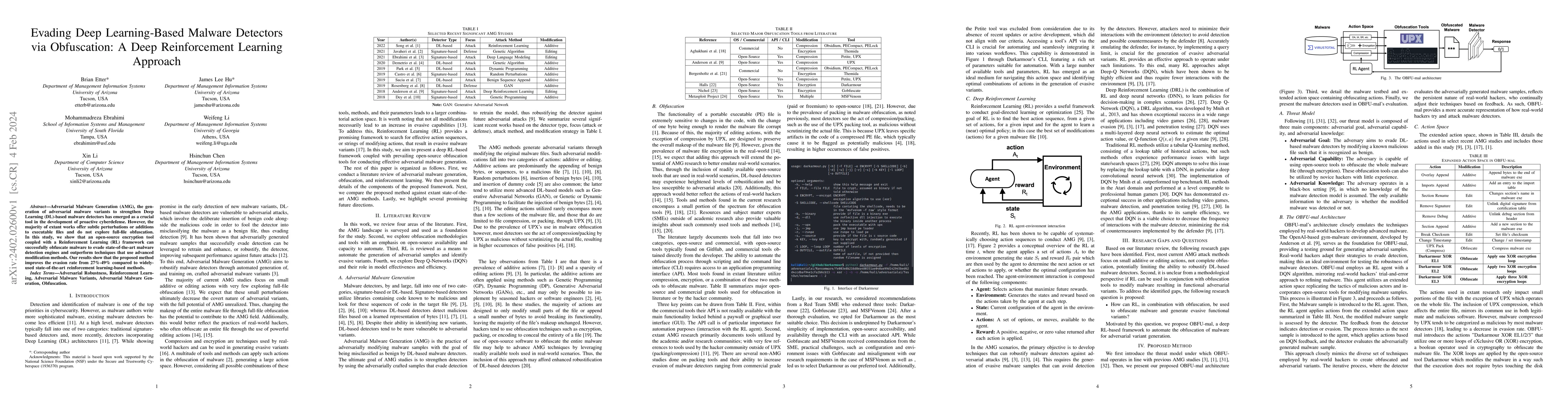 Thumbnail for Evading Deep Learning-Based Malware Detectors via Obfuscation: A Deep
  Reinforcement Learning Approach