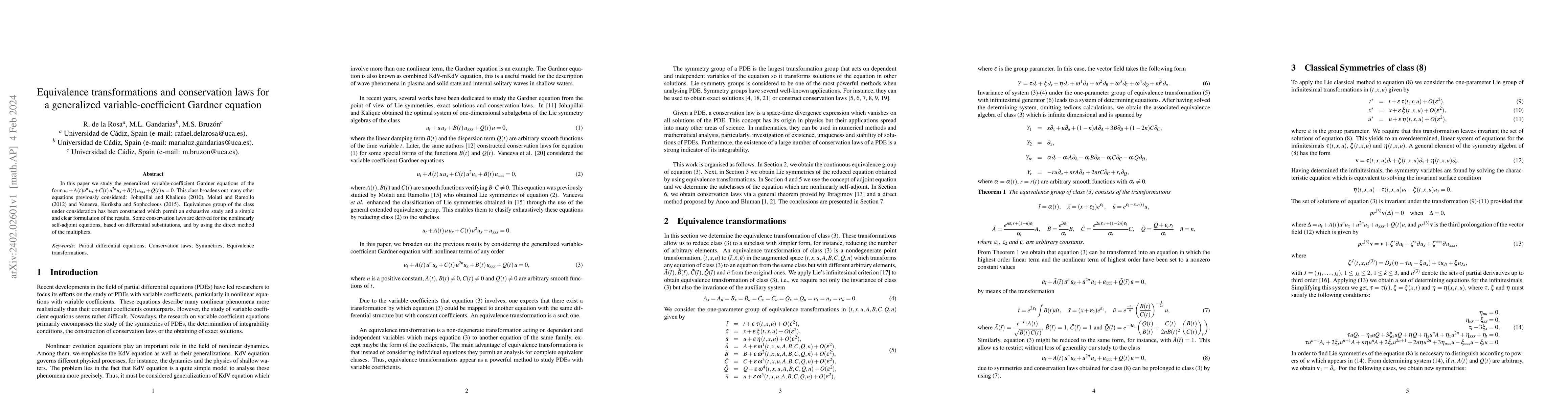Thumbnail for Equivalence transformations and conservation laws for a generalized
  variable-coefficient Gardner equation