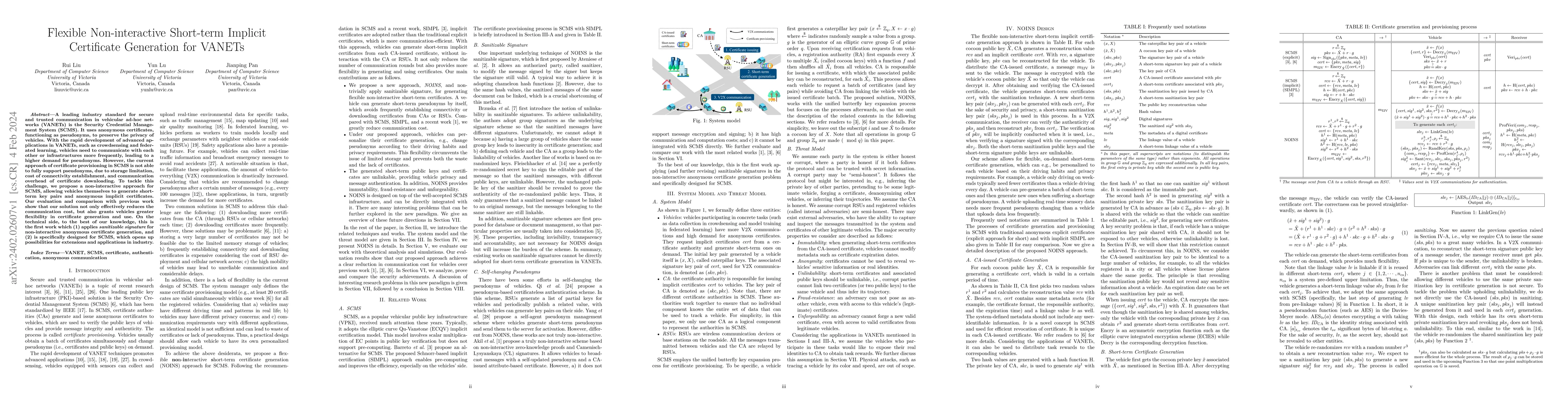 Thumbnail for Flexible Non-interactive Short-term Implicit Certificate Generation for
  VANETs