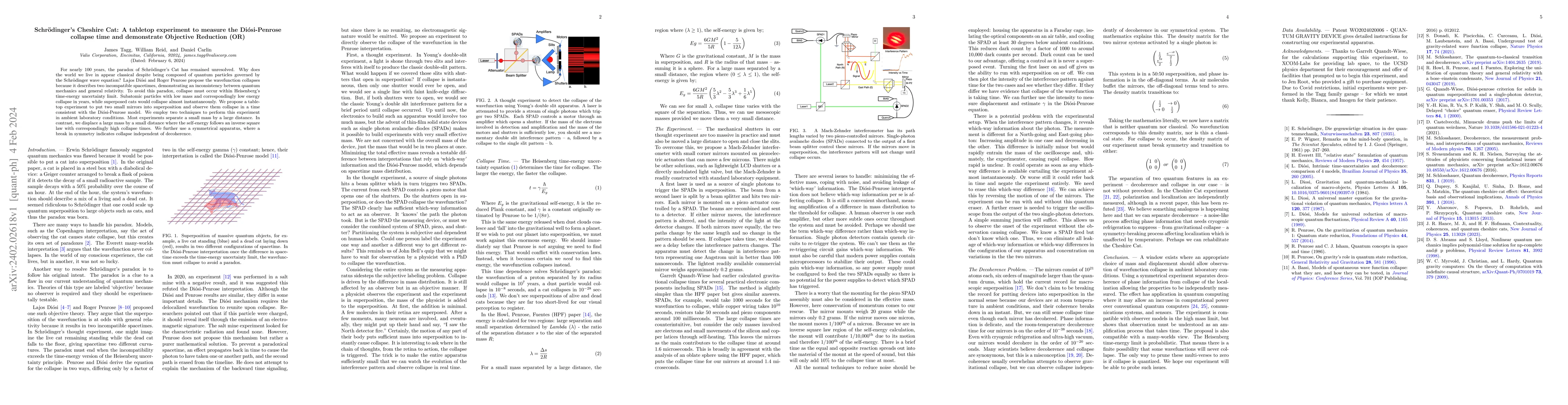 Thumbnail for Schr\"odinger's Cheshire Cat: A tabletop experiment to measure the
  Di\'osi-Penrose collapse time and demonstrate Objective Reduction (OR)