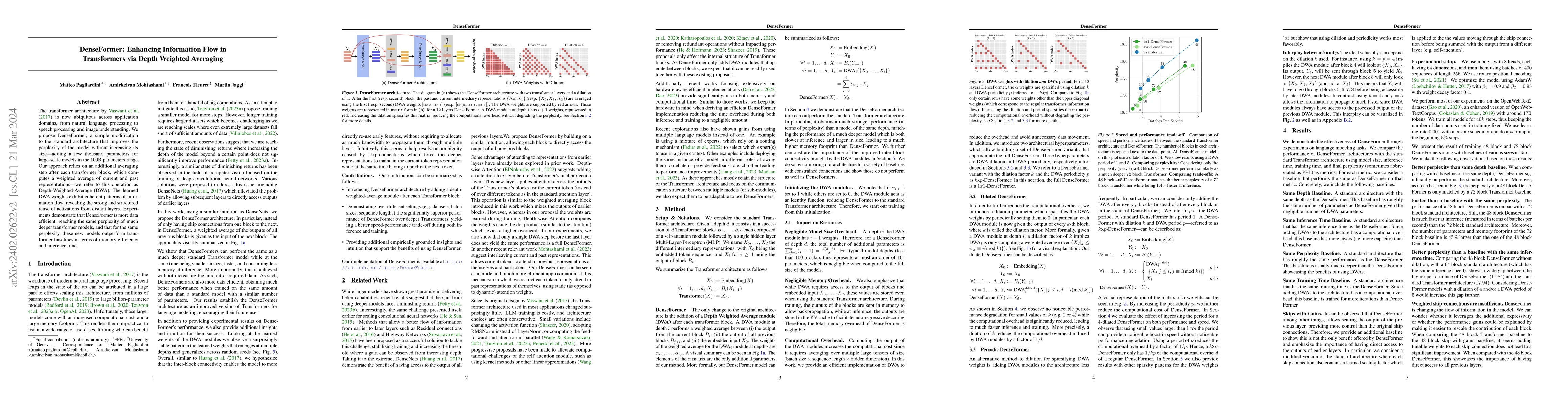 Thumbnail for DenseFormer: Enhancing Information Flow in Transformers via Depth
  Weighted Averaging