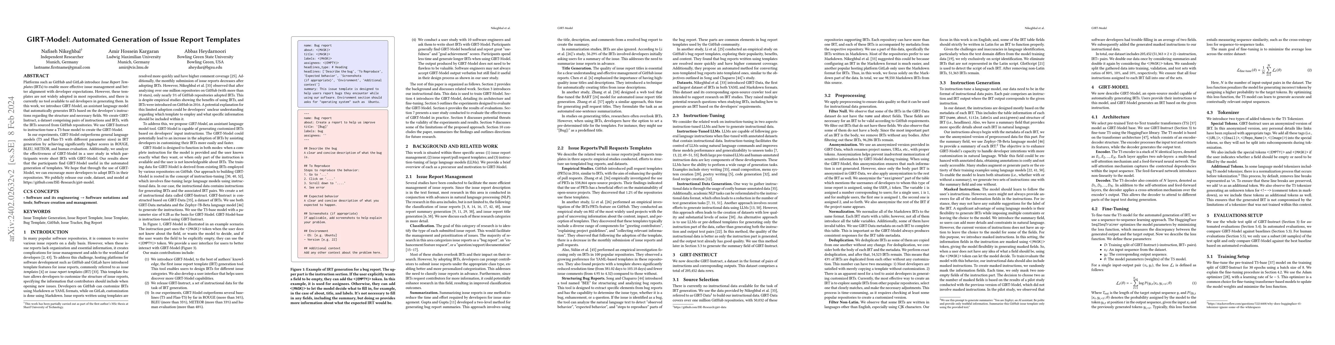 Thumbnail for GIRT-Model: Automated Generation of Issue Report Templates