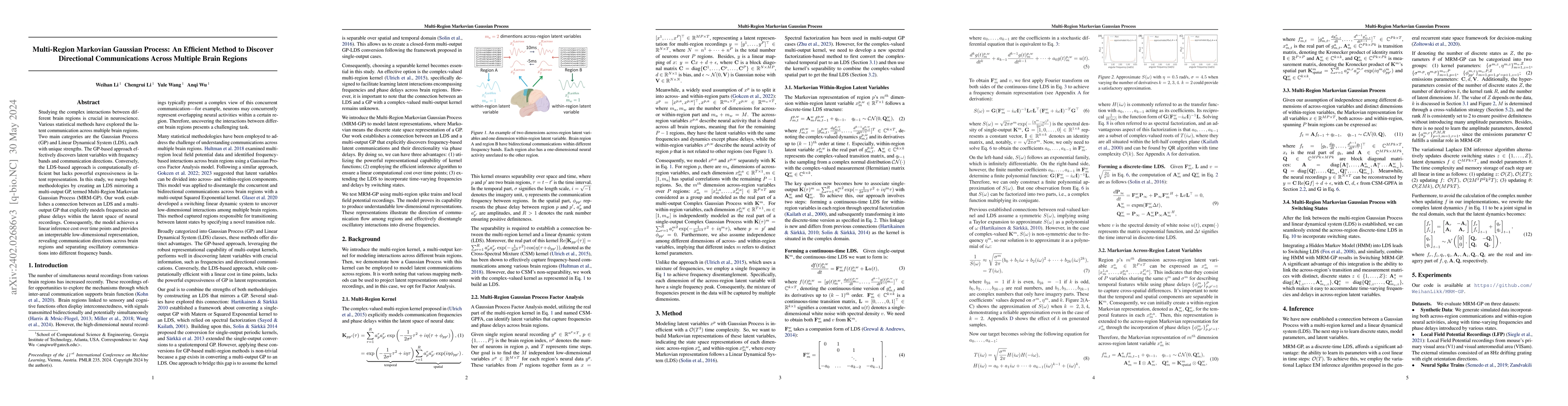 Thumbnail for Multi-Region Markovian Gaussian Process: An Efficient Method to Discover
  Directional Communications Across Multiple Brain Regions
