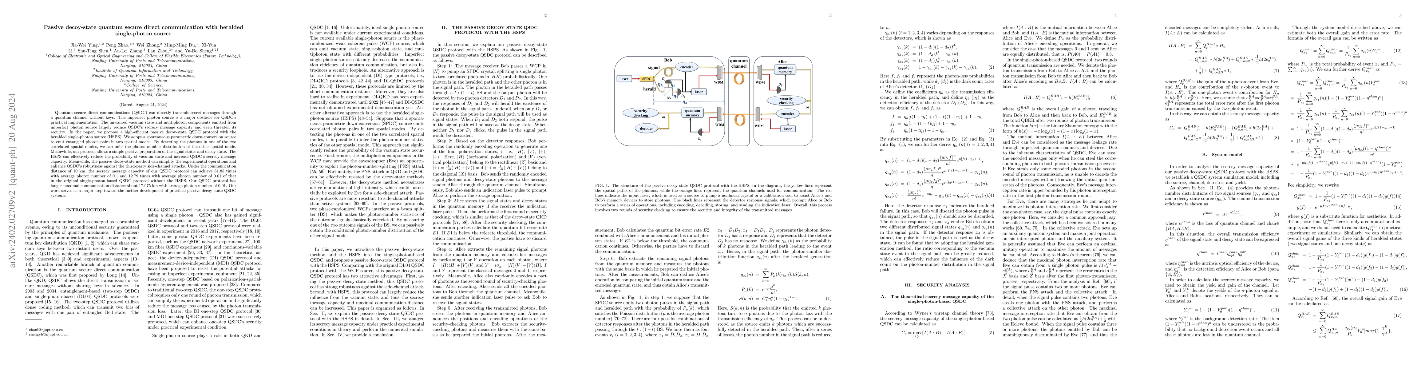 Thumbnail for Passive decoy-state quantum secure direct communication with heralded
  single-photon source