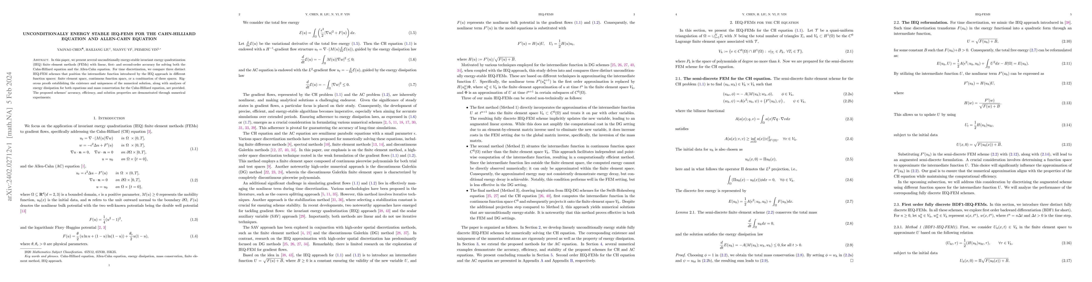 Thumbnail for Unconditionally energy stable IEQ-FEMs for the Cahn-Hilliard equation
  and Allen-Cahn equation