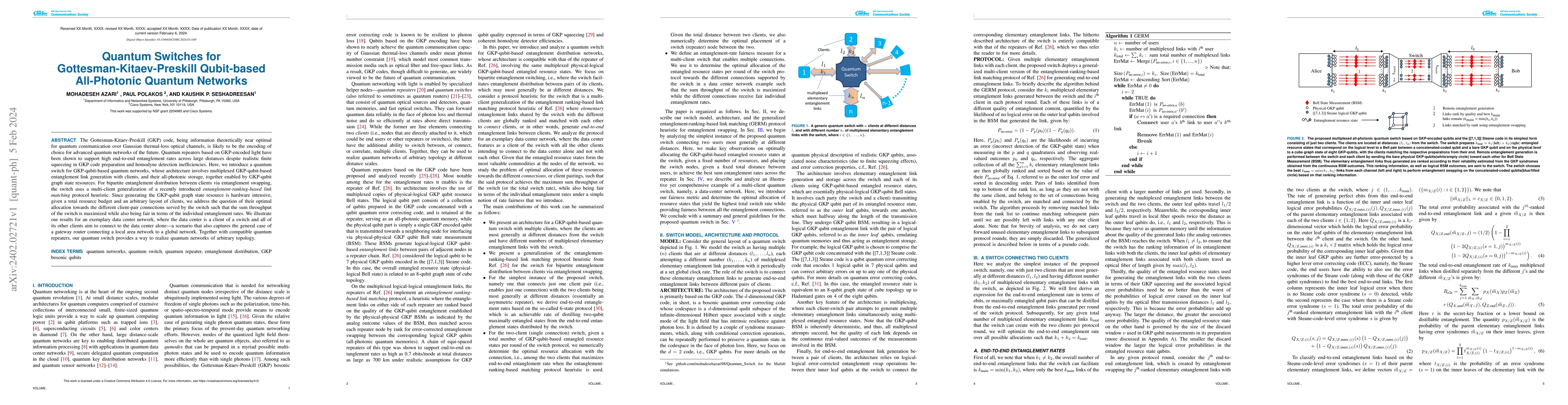 Thumbnail for Quantum Switches for Gottesman-Kitaev-Preskill Qubit-based All-Photonic
  Quantum Networks