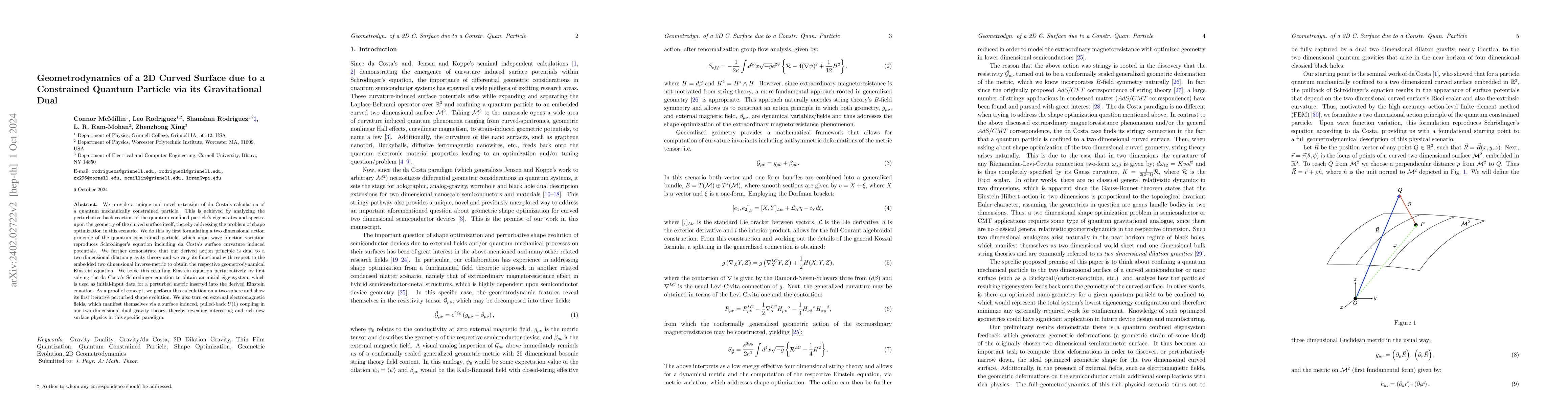 Thumbnail for Dilatonic Geometrodynamics of a Two-Dimensional Curved Surface due to a
  Quantum Mechanically Confined Particle