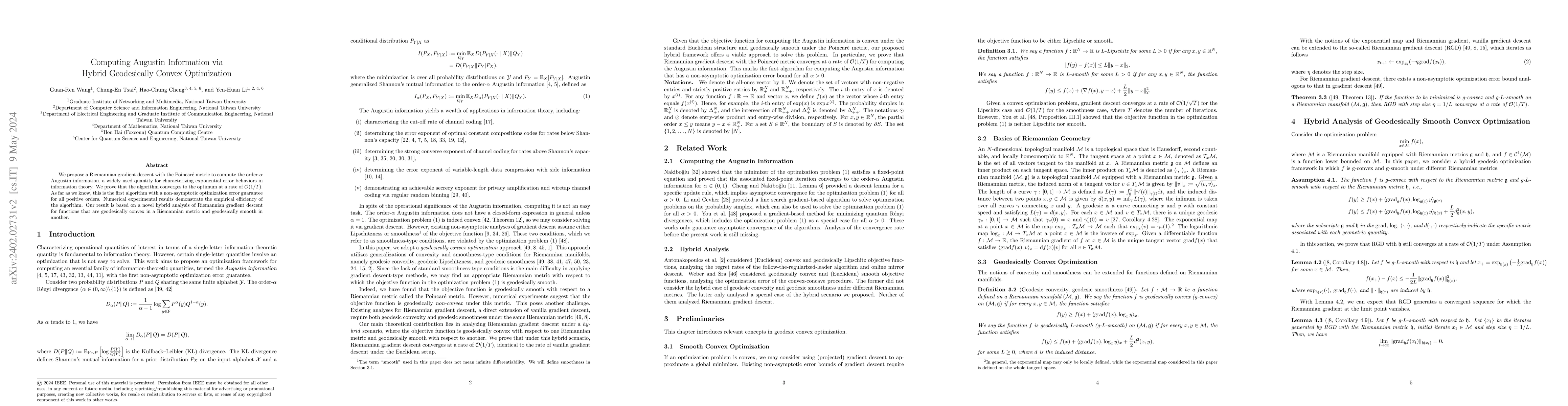 Thumbnail for Computing Augustin Information via Hybrid Geodesically Convex
  Optimization
