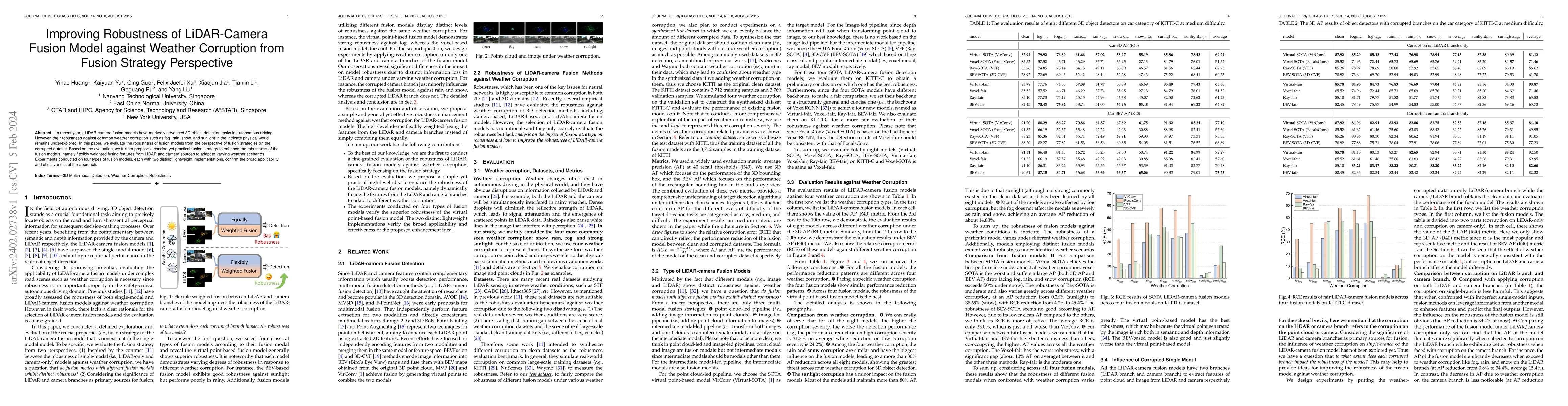 Thumbnail for Improving Robustness of LiDAR-Camera Fusion Model against Weather
  Corruption from Fusion Strategy Perspective