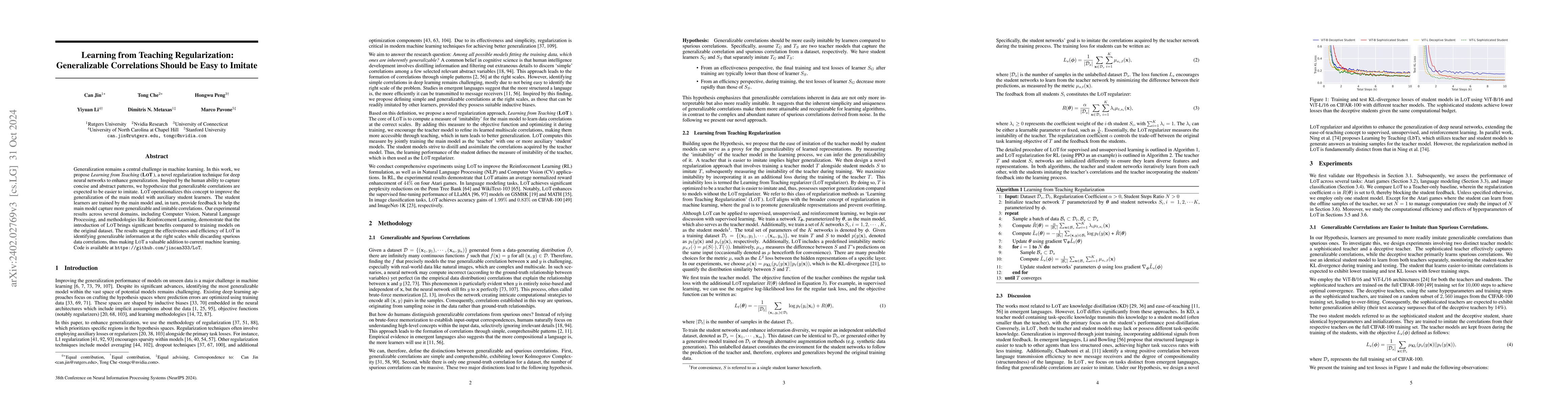 Thumbnail for Learning from Teaching Regularization: Generalizable Correlations Should
  be Easy to Imitate