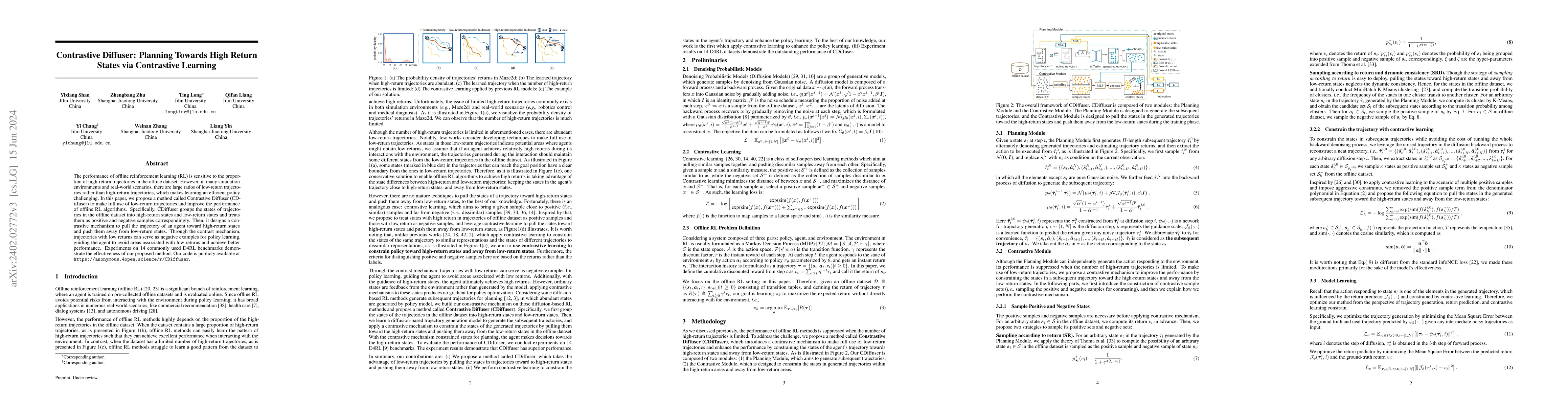 Thumbnail for Contrastive Diffuser: Planning Towards High Return States via
  Contrastive Learning