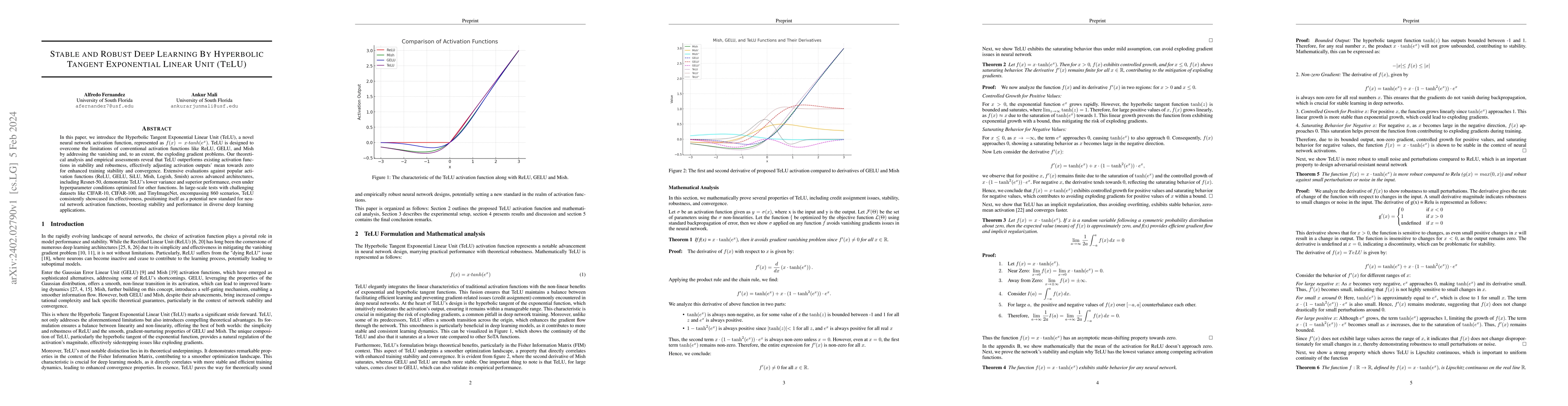 Thumbnail for Stable and Robust Deep Learning By Hyperbolic Tangent Exponential Linear
  Unit (TeLU)