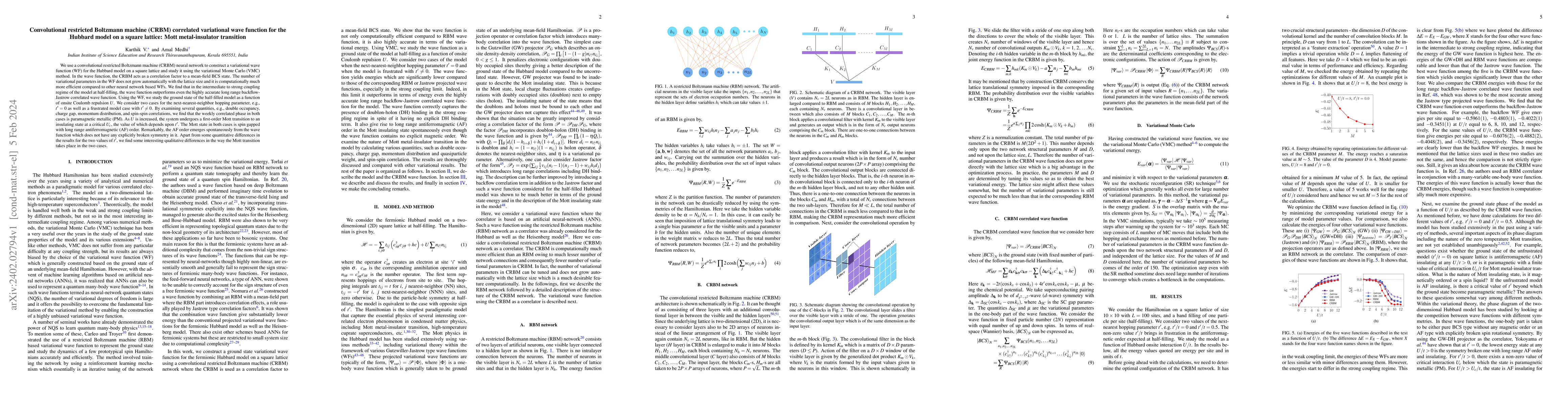 Thumbnail for Convolutional restricted Boltzmann machine (CRBM) correlated variational
  wave function for the Hubbard model on a square lattice: Mott metal-insulator
  transition