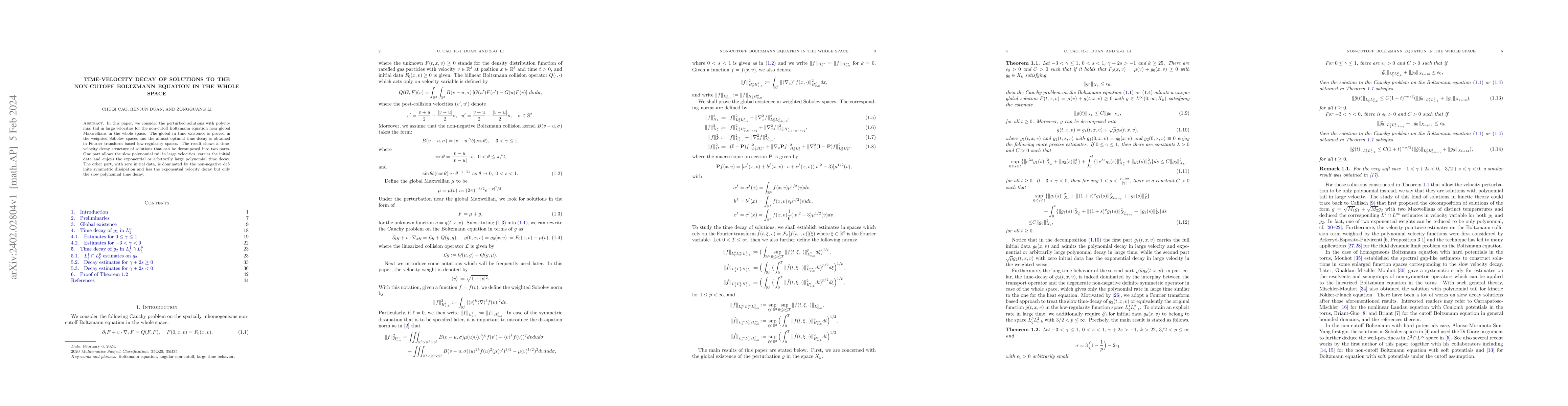 Thumbnail for Time-velocity decay of solutions to the non-cutoff Boltzmann equation in
  the whole space