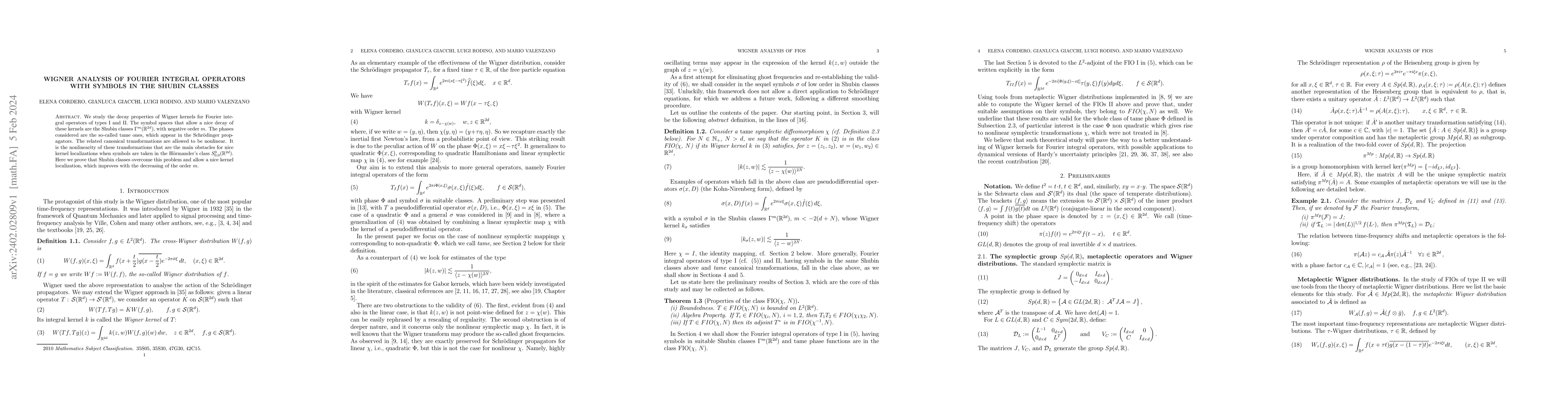 Thumbnail for Wigner Analysis of Fourier Integral Operators with symbols in the Shubin
  classes