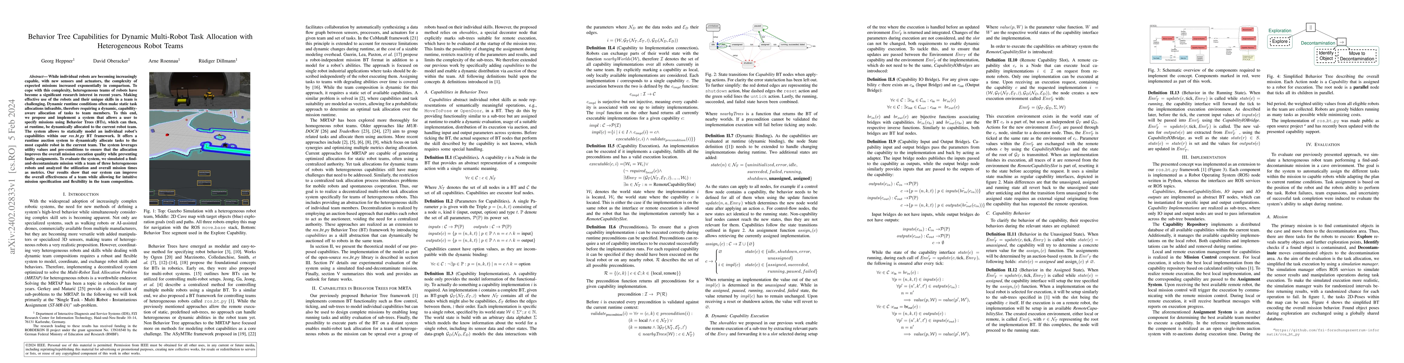 Thumbnail for Behavior Tree Capabilities for Dynamic Multi-Robot Task Allocation with
  Heterogeneous Robot Teams