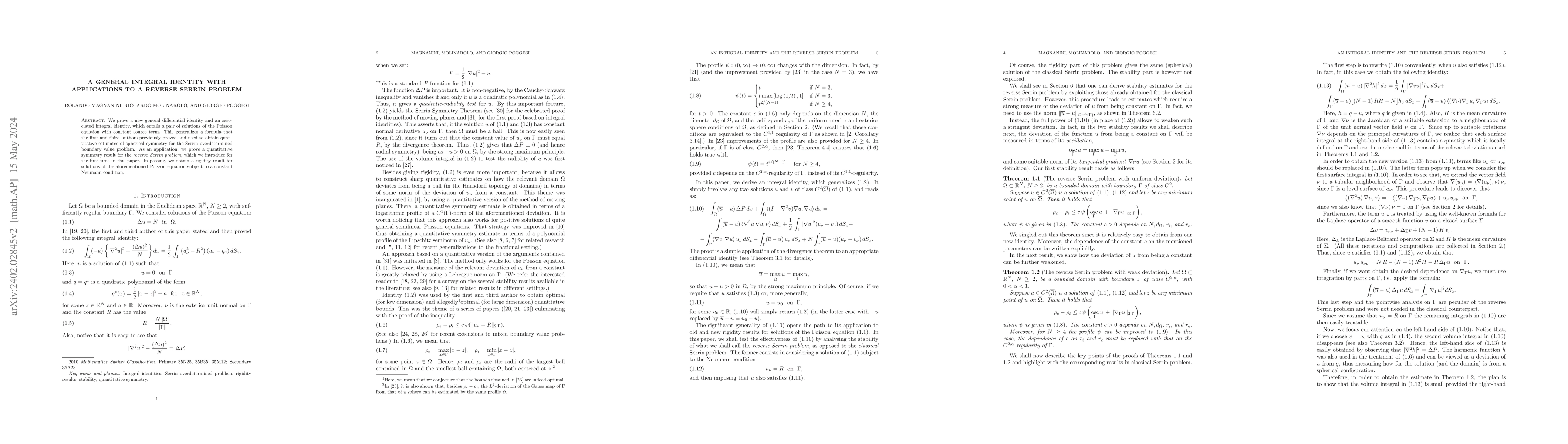 Thumbnail for A general integral identity with applications to a reverse Serrin
  problem