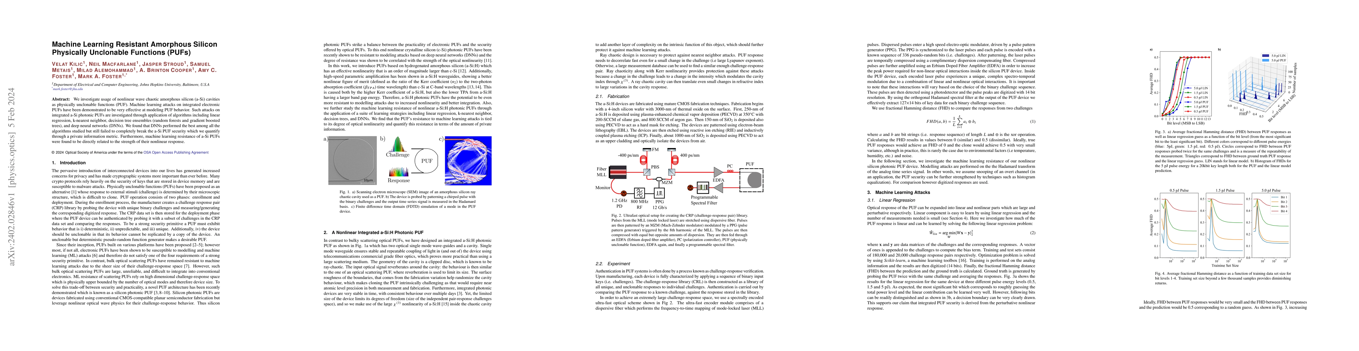 Thumbnail for Machine Learning Resistant Amorphous Silicon Physically Unclonable
  Functions (PUFs)