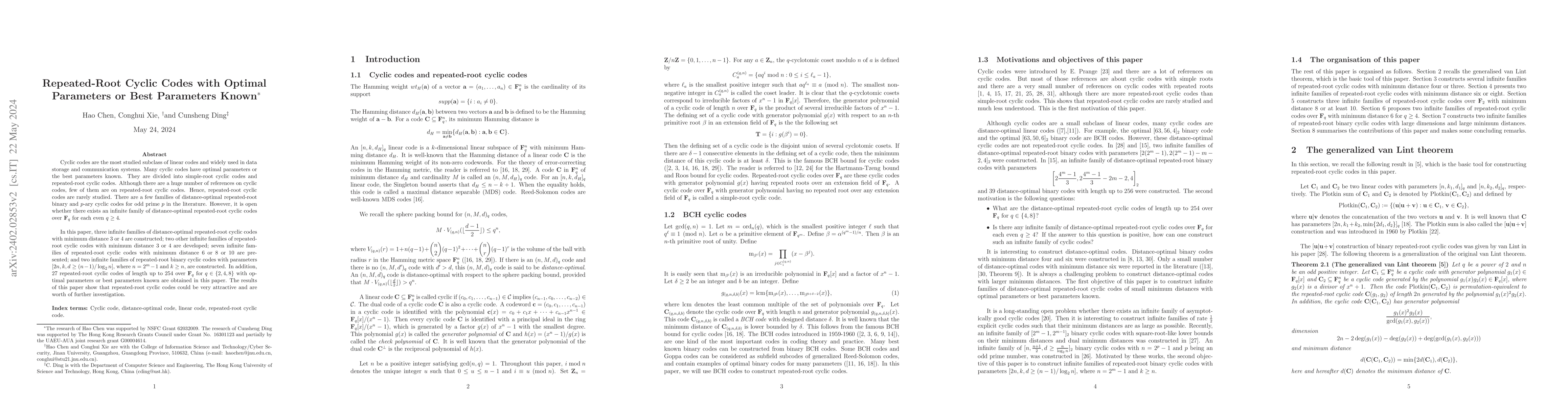 Thumbnail for Repeated-Root Cyclic Codes with Optimal Parameters or Best Parameters
  Known