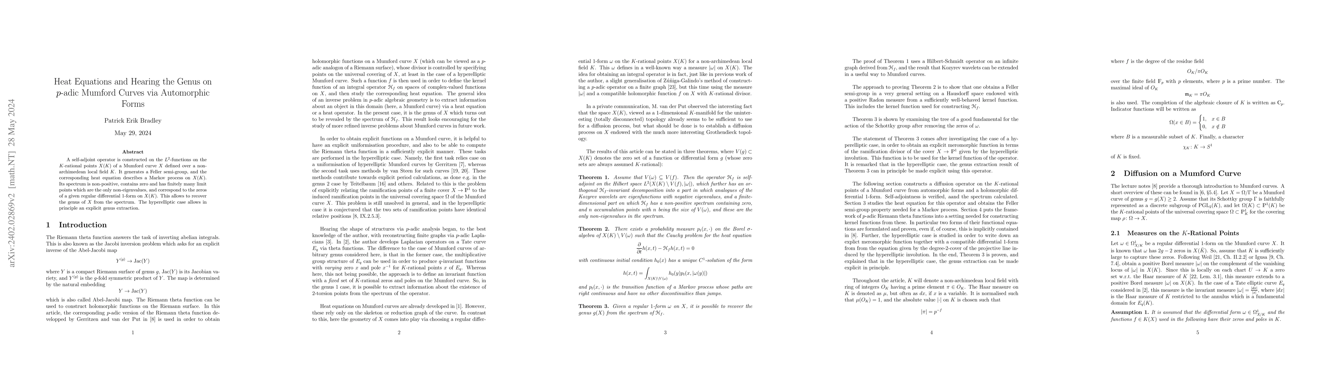Thumbnail for Heat Equations and Hearing the Genus on p-adic Mumford Curves via
  Automorphic Forms