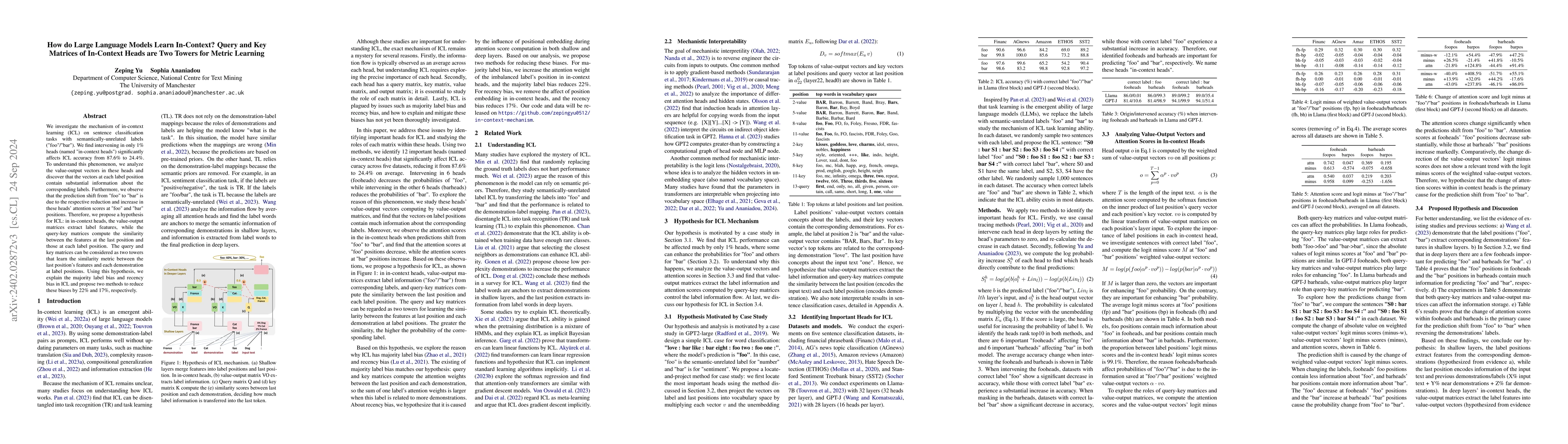 Thumbnail for How do Large Language Models Learn In-Context? Query and Key Matrices of
  In-Context Heads are Two Towers for Metric Learning