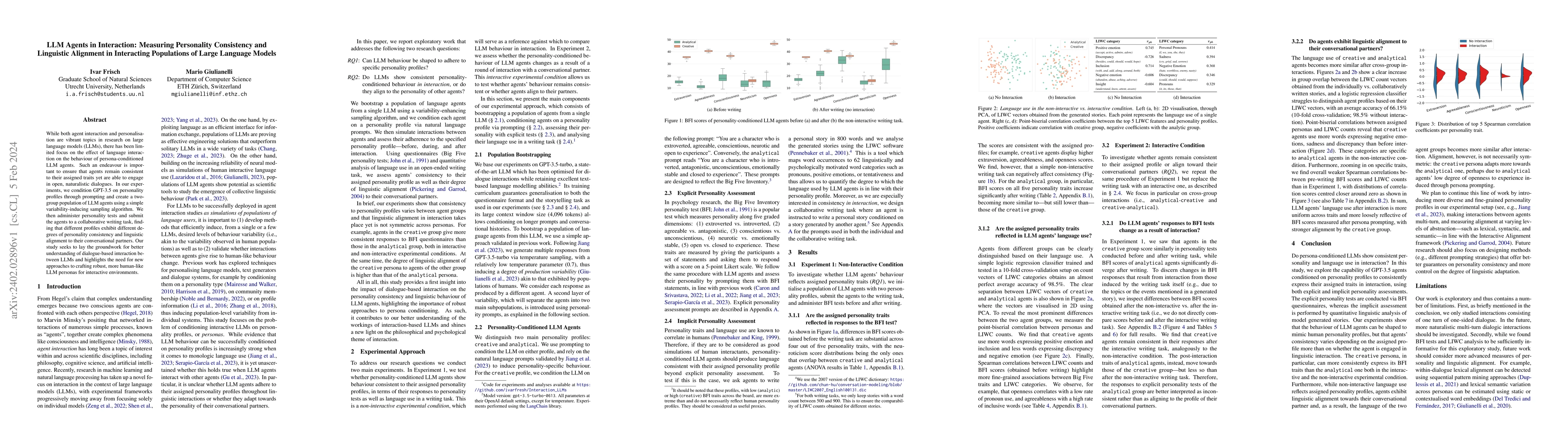 Thumbnail for LLM Agents in Interaction: Measuring Personality Consistency and
  Linguistic Alignment in Interacting Populations of Large Language Models