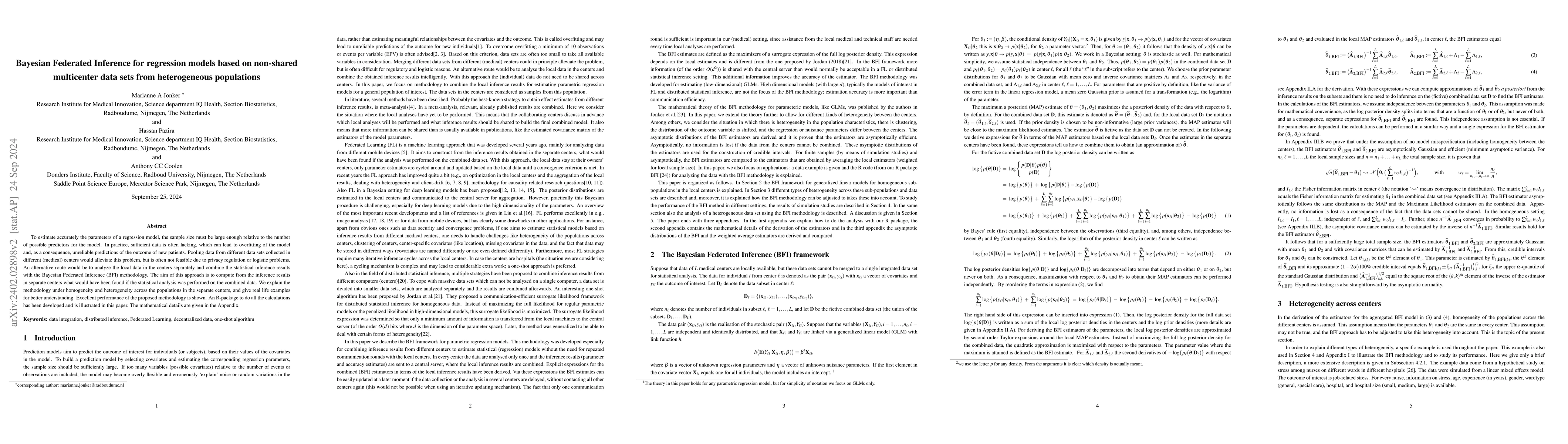 Thumbnail for Bayesian Federated Inference for regression models with heterogeneous
  multi-center populations