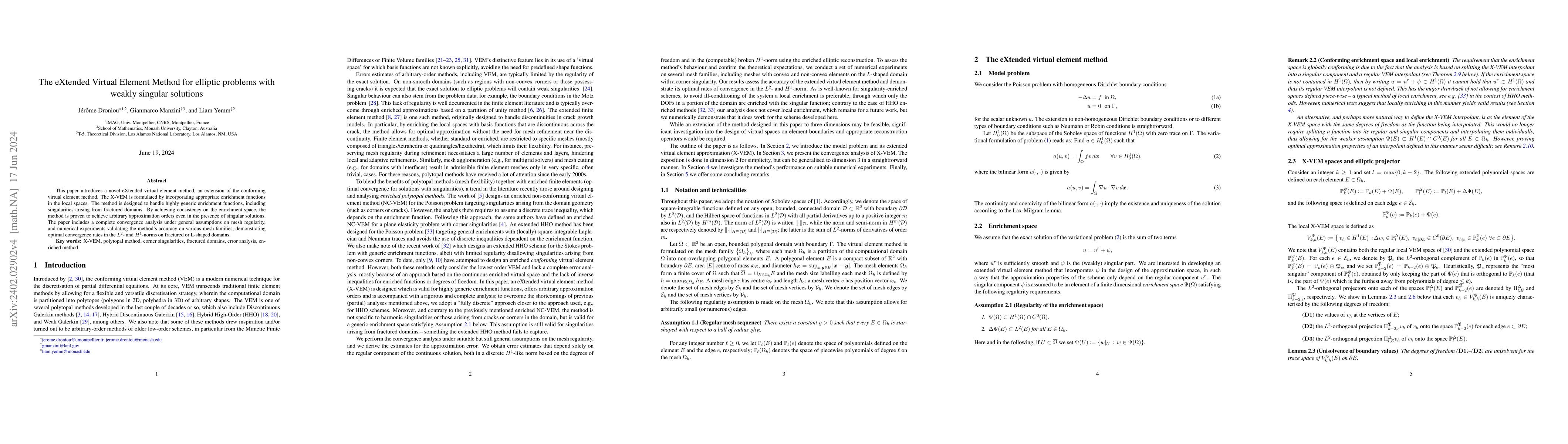 Thumbnail for The eXtended Virtual Element Method for elliptic problems with weakly
  singular solutions