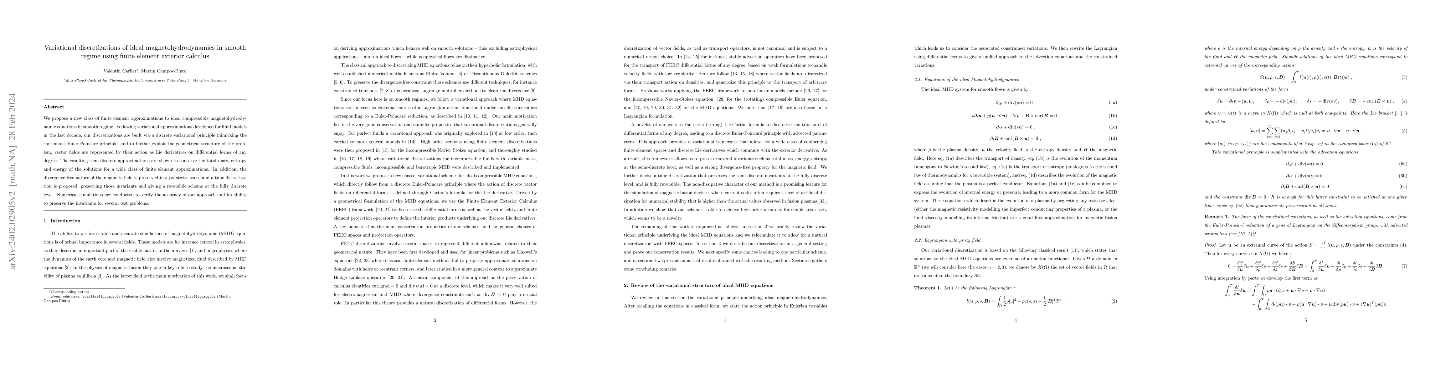 Thumbnail for Variational discretizations of ideal magnetohydrodynamics in smooth
  regime using finite element exterior calculus